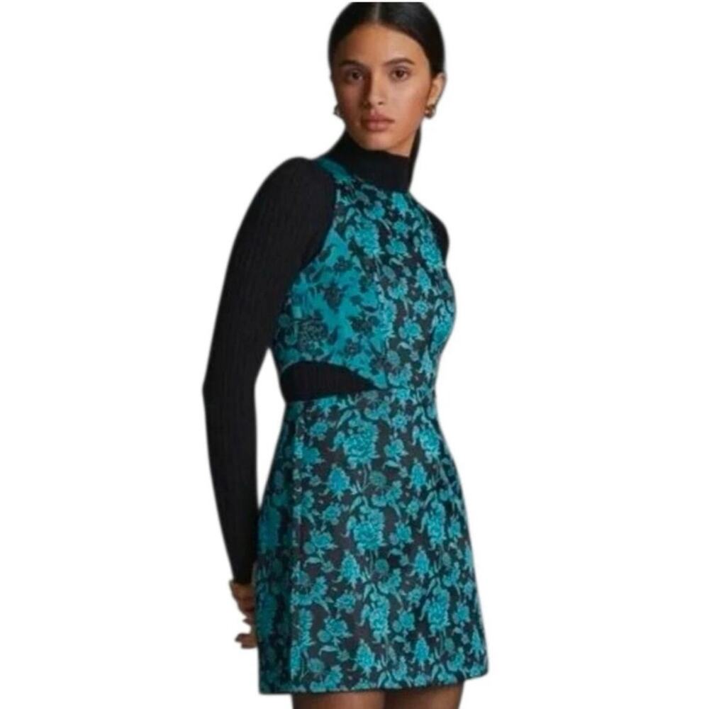 NBD Floral Jacquard Cutout Mini Dress Size 6 Black Teal Blue Motif